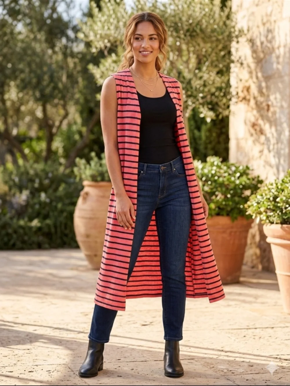 LuLaRoe Coral and Black Striped Sleeveless Duster